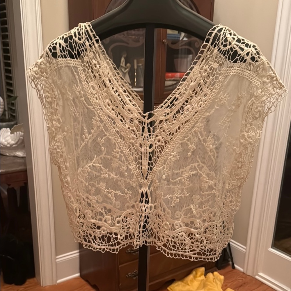 Crochet and mesh cotton/nylon sheer shirt top M